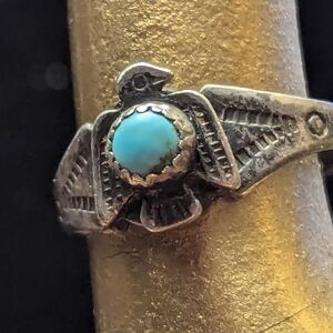 Sterling Silver Turquoise Thunder Bird Small Pinky Ring 4.5"